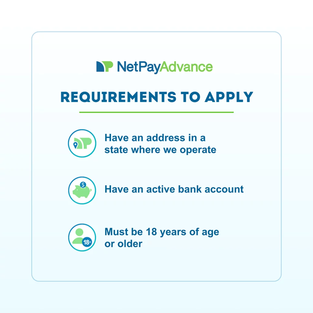 Requirements to apply at Net Pay Advance. Pale blue background displays the Net Pay Advance logo and brand name at the top and just below it, the title says requirements to apply. There are three items on this list, and each is depicted by a logo and explained in text. The text describes the requirements as have an address in a state where we operate, have an active bank account, and must be 18 years of age or older.