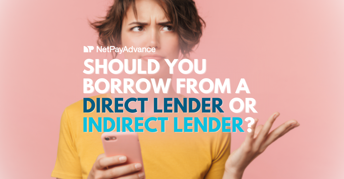 "Should you borrow from a Direct Lender or Indirect Lender" confused woman in yellow shirt and pink background