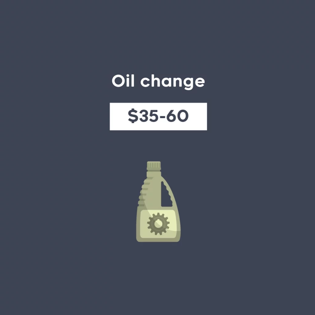 Dark background sports a single icon of a green container bearing a gear on its label. Text above this container says the average oil change costs $35-60.