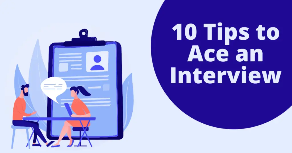 Illustration of man and woman having conversation infront of a clipboard with a resume on it. White text on a blue background circle says "10 tips to ace an interview"