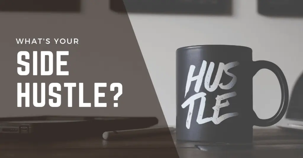 Mug sitting on desk with words hustle