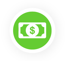 A white bag of money surrounded by circulating arrows sits on a green circle. The icon is used to represent a revolving line of credit. 