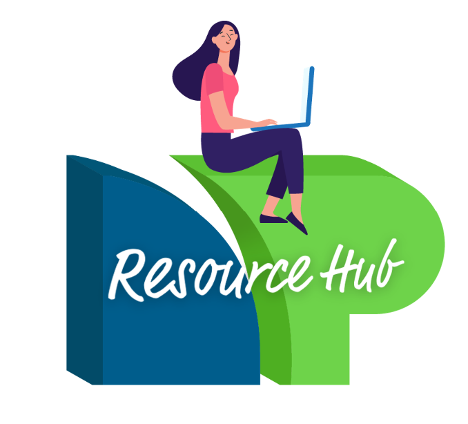 cartoon woman sitting on NP initials that have resource hub above it