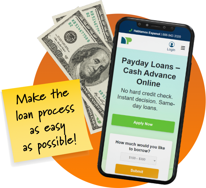 Online loans graphic with a phone in front of some money
