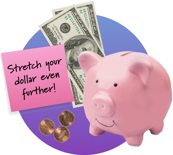 image compilation of two hundred dollar bills, a piggy bank, three pennies, and a sticky note that reads "stretch your dollar even further"