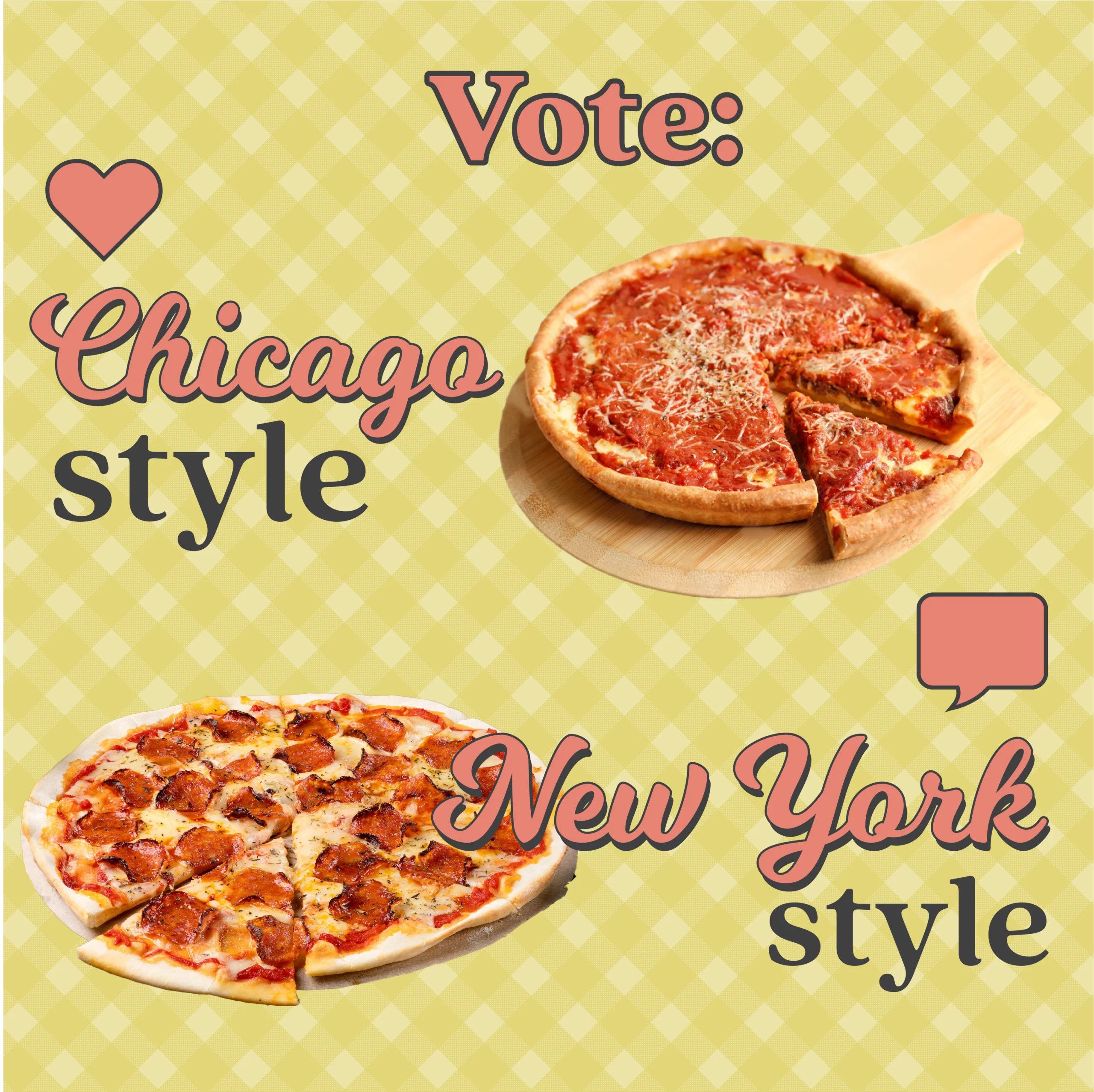 Vote if NY-style or Chicago-style pizza is better. Heart for Chicago. Comment for NY.