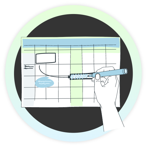 Green and blue graphic of a person writing down a schedule on a calendar