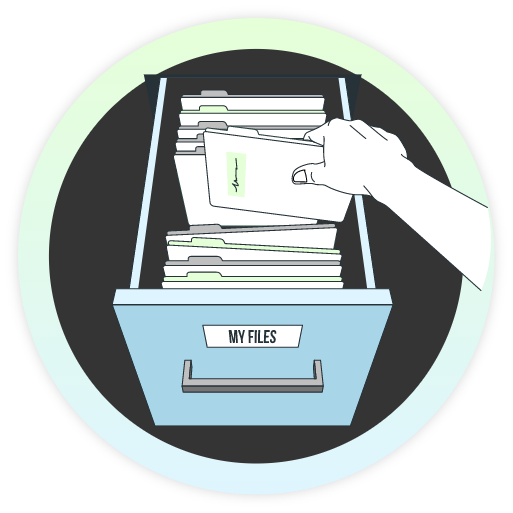 Green and blue graphic of a person going through a filing cabinet