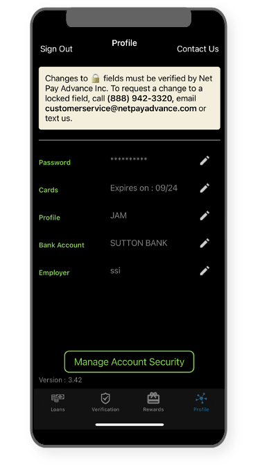Manage Profile screen within Netpay app