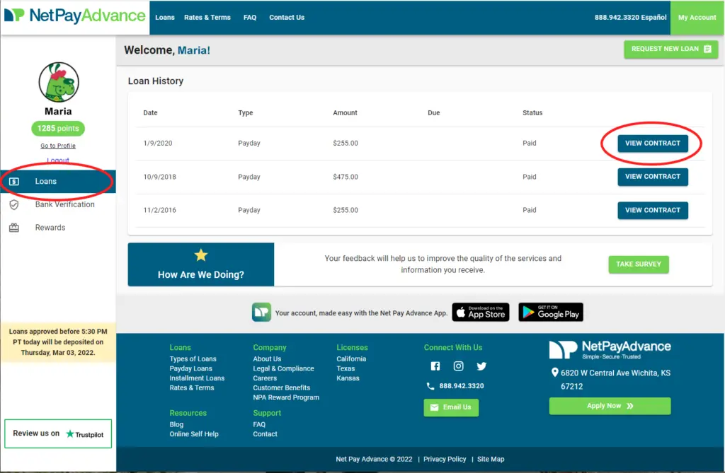 Net Pay Advance customer portal TILA instructions