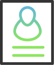 A blue and green profile of a person with some green lines representing text laid out in a portrait square to resemble a profile box