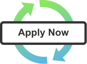 A white and black apply now button that is in front of a blue and green arrow circle
