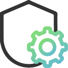 A shield behind a blue and green gear symbol