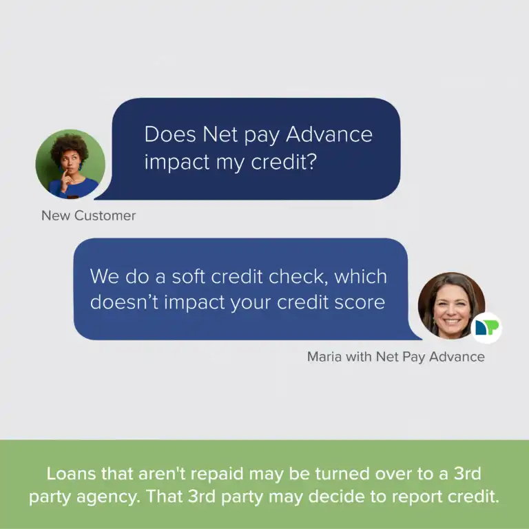 Text chat between new customer and Maria with Net Pay Advance. New customer asks if Net Pay Advance impacts credit. Maria reassures them we do a soft credit check which does not impact credit score.