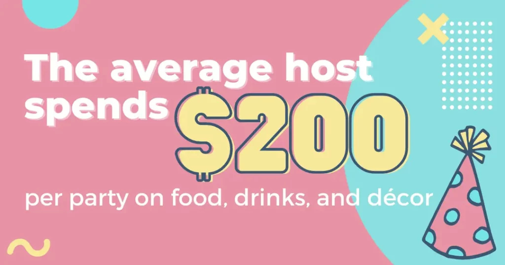 pink and blue geometric shapes and a pink birthday hat with white text ”the average host spends $200 per party on food, drinks, and decor”