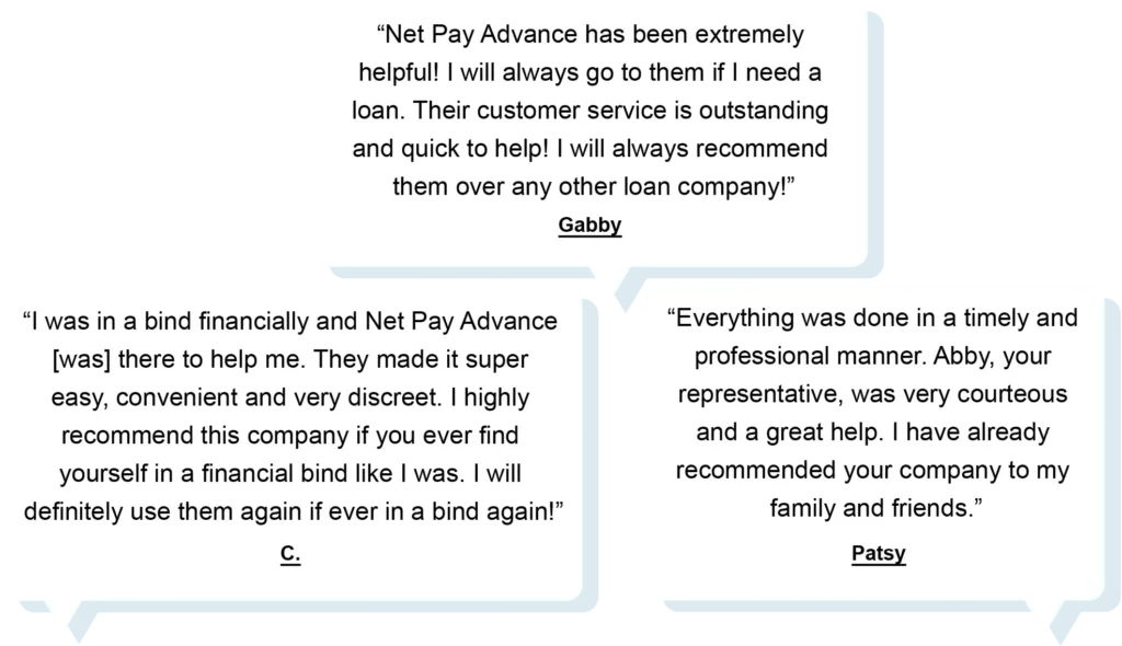 Three separate 5-star reviews from Net Pay Advance customers contained in three white speech bubbles. The reviews highlight Net Pay Advance’s amazing customer service team and how easy their online payday loans process is.