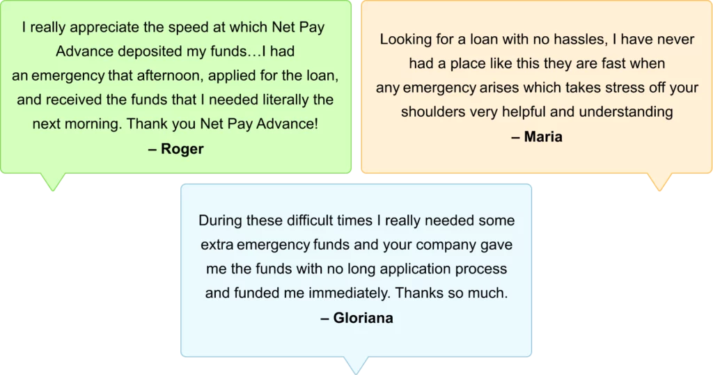 Reviews from customers Roger, Maria and Gloriana. These reviews say "I really appreciate the speed at which Net Pay Advance deposited my funds... I had an emergency that afternoon, applied for the loan, and received the funds that I needed literally the next morning. Thank you Net Pay Advance! - Roger", "Looking for a loan with no hassles, I have never had a place like this they are fast when any emergency arises which takes stress off your shoulders very helpful and understanding. - Maria" "During these difficult times I really needed some extra emergency funds and your company gave me the funds with no long application process and funded me immediately. Thanks so much. - Gloriana"