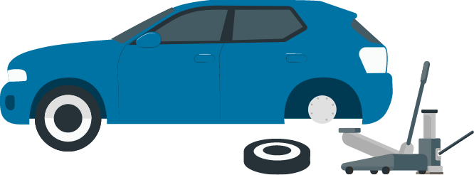 Blue car having tire replaced