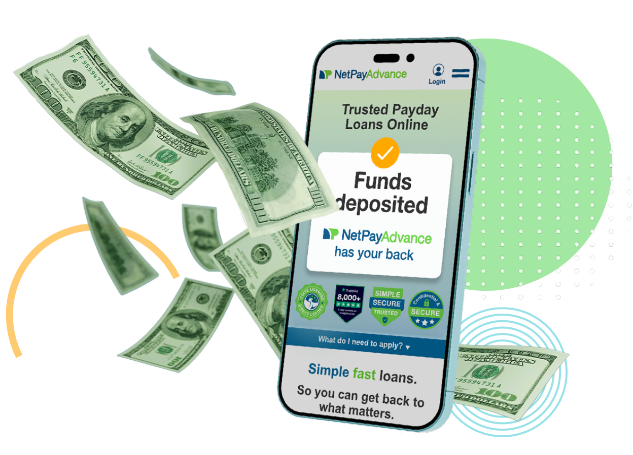 Smartphone with Net Pay App payday loan app displayed behind flying 100 dollar bills
