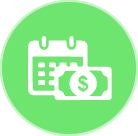 A calendar behind a dollar bill graphic within a green circle