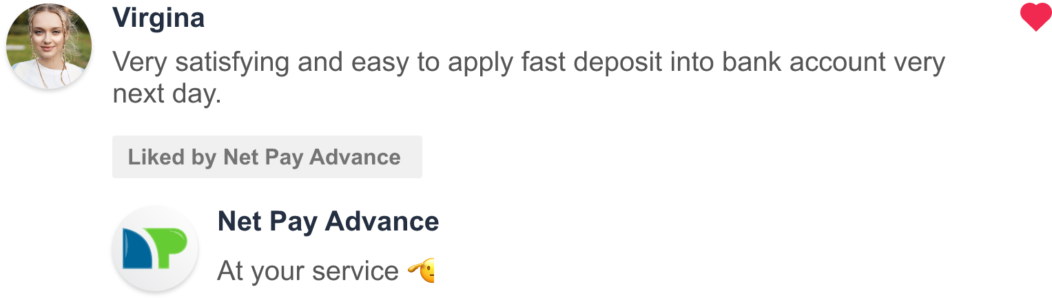Virginia says 'Very satisfying and easy to apply fast deposit into bank account very next day.' in her review of Net Pay Advance