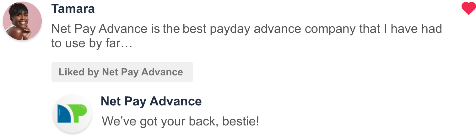 Tamara says 'Net Pay Advance is the best payday advance company that I have had to use by far...' in her review of Net Pay Advance