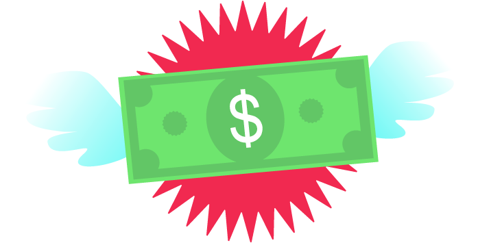 Flying dollar bill in front of a red sun background
