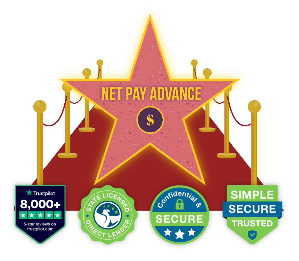 NetPayAdvance on a hollywood walk of fame star sorrounded by red velvet ropes and the Net Pay badges for Trustpilot, State Licensed Direct Lender, Confidential & Secure and Simple Secure Trusted