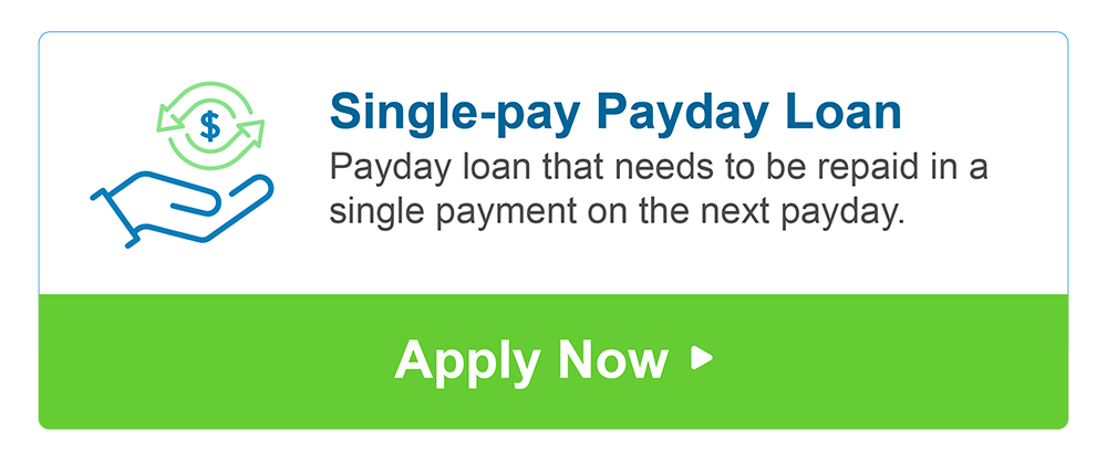 White background bears text that explains payday loan as a payday loan that needs to be repaid in a single payment on the next payday. The lower part of the graphic includes a green panel with the words ‘apply now’. A small graphic on the left shows a hand cupped under a dollar sign encircled by two arrows pointing in opposite directions.