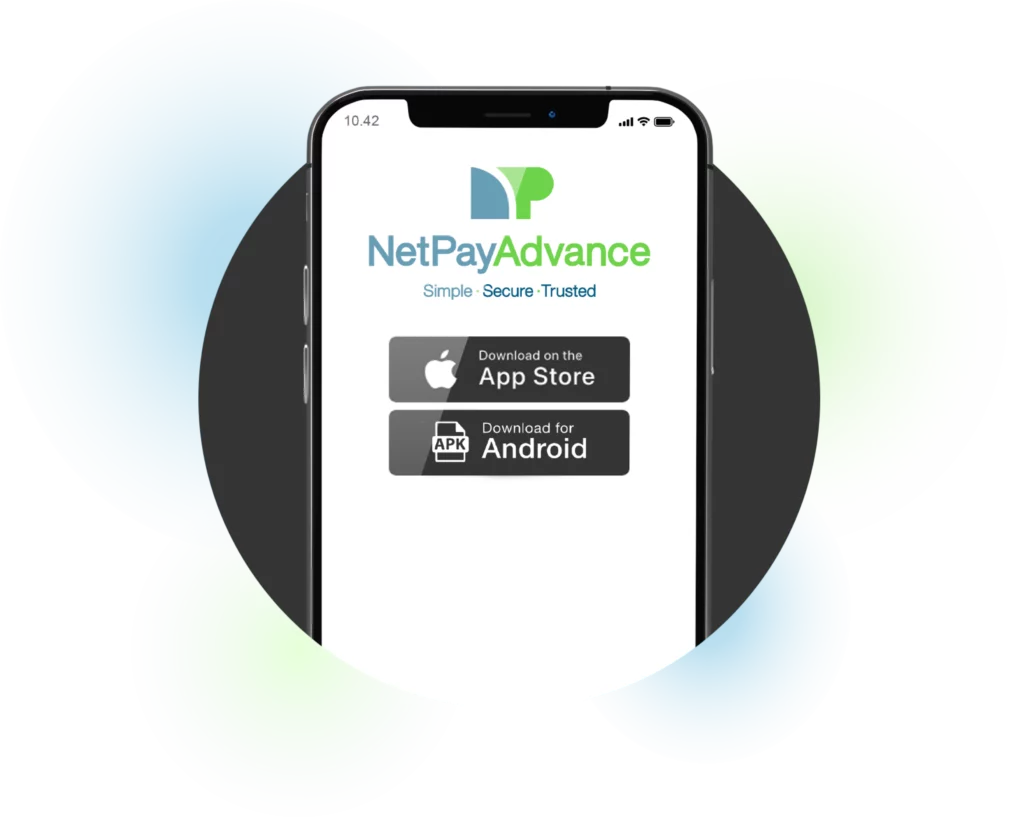 Net Pay App glowing in front of a gray circular background