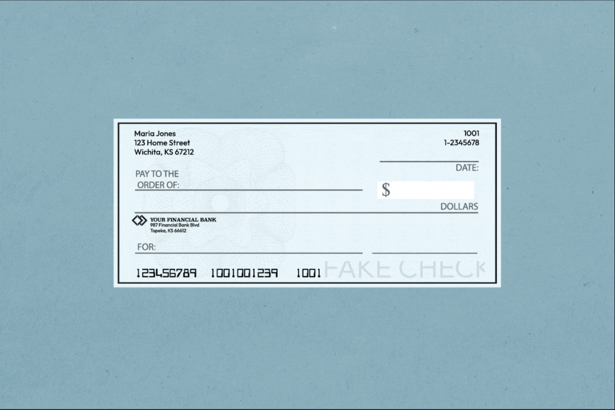 Gif illustrating the step-by-step process of how to write a check to pay someone else. Fill out what today's date is, who the check should be paid to, how much they should be paid both written out in text and in a number format making sure to include the exact change amount each time, and then what the payment is for. 