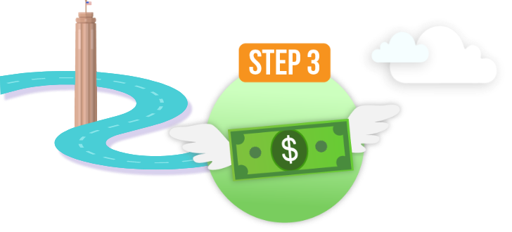 Dollar bill with wings indicating step three of the loan application process