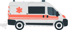 passenger side view of white ambulance with red stripes