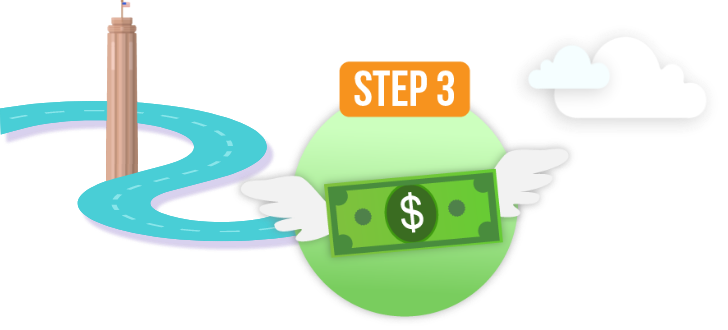 Dollar bill with wings indicating step three of the loan application process