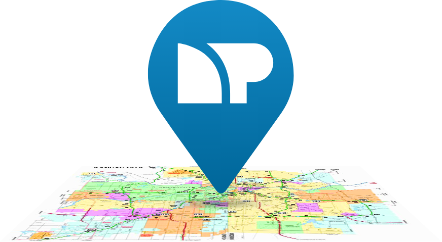 Net Pay Logo within a giant location pin above a map of Kansas City