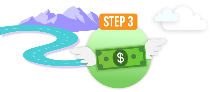 Dollar bill with wings indicating step three of the loan application process