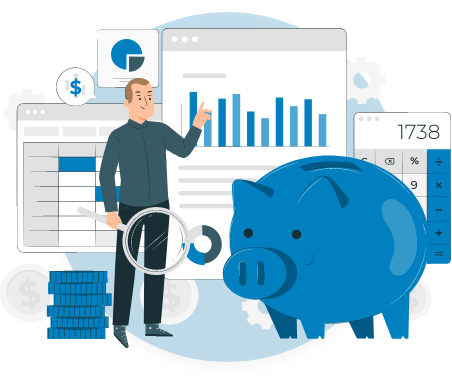 Man in blue doing a presentation next to a giant blue piggy bank