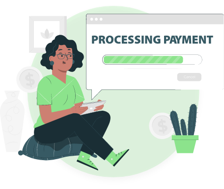 Woman in green processing payment on her phone