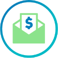 a white circular icon outlined in a blue gradient with a green envelope inside