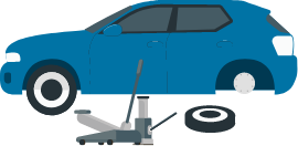 blue car on jack being repaired