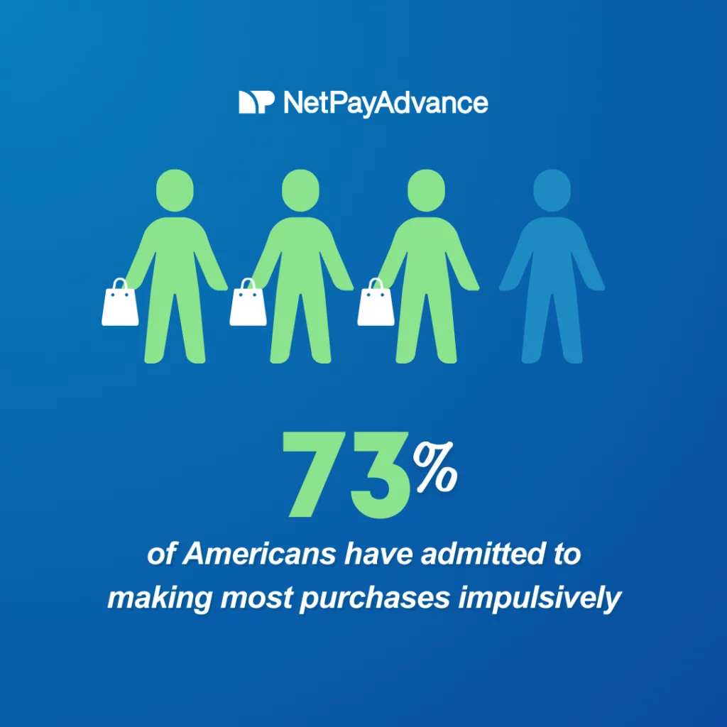 Blue background bears the statistic: 73% of Americans have admitted to making most purchases impulsively. The Net Pay Advance brand name and logo in white are displayed at the top. Four human figures in green and holding a white shopping bag are next to each other while a fourth figure in blue joins them to represent the statistic.