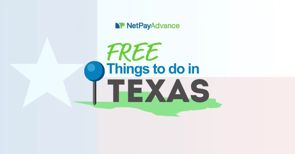 Blue map pin icon next to the text "Free things to do in Texas". Text rests infront of a grayed out Texas state flag. Article header image for a list of free things to do in TX.