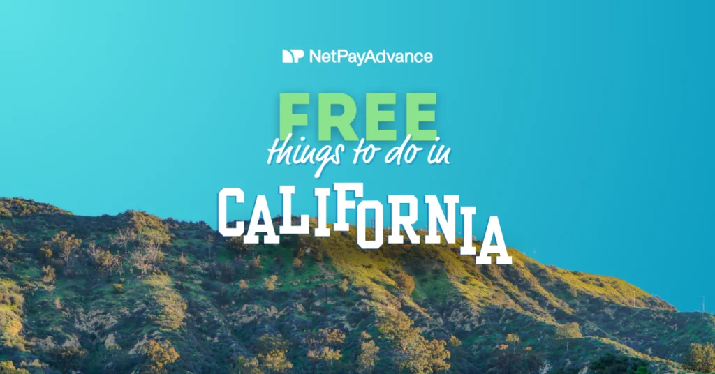 Article header image has text that says "Free things to do in California" which rests infront of a California hill. The word "California" is designed to look like the Hollywood sign. The article lists several free things to do in CA.