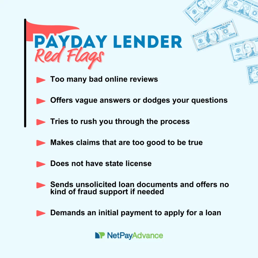 Light blue background bears the headline showing this is a list of payday lender red flags preceded by the graphic of a pennant or triangular red flag. Then follows a list of attributes: 1. Too many bad online reviews 2. Offers vague answers or dodges your questions 3. Tries to rush you through the process 4. Makes claims that are too good to be true 5. Does not have state license 6. Sends unsolicited loan documents and offers no kind of fraud support 7. Demands an initial payment to apply for a loan. The Net Pay Advance logo and brand name feature at the bottom.