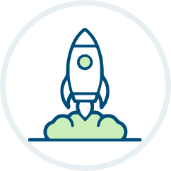 green rocket ship blasting into space