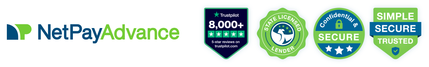 Net Pay Advance logo next to Trustpilot, State Licensed Direct Lender, Confidential & Secure, and Simple Secure Trusted badges
