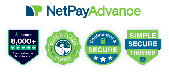 Net Pay Advance logo next to Trustpilot, State Licensed Direct Lender, Confidential & Secure, and Simple Secure Trusted badges
