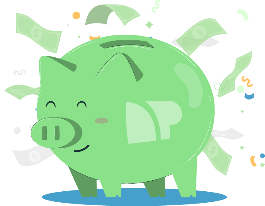 Green net pay piggy bank celebrating