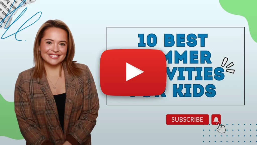 Youtube video thumbnail says "10 best summer activities for kids" A woman in a suit is on the left side of the text. Infront of the thumbnail is the YouTube red play button icon. 
