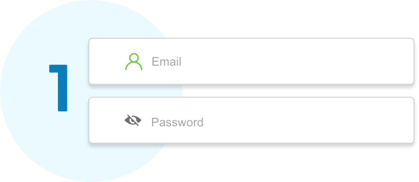 A blue number 1 to indicate step one in a blue circle with an email and password form field next to it
